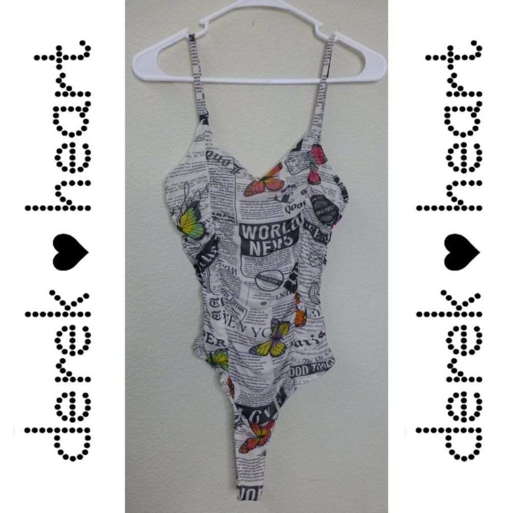 NWOT - Derek Heart Mesh and Ruched Newspaper Butterfly Bodysuit